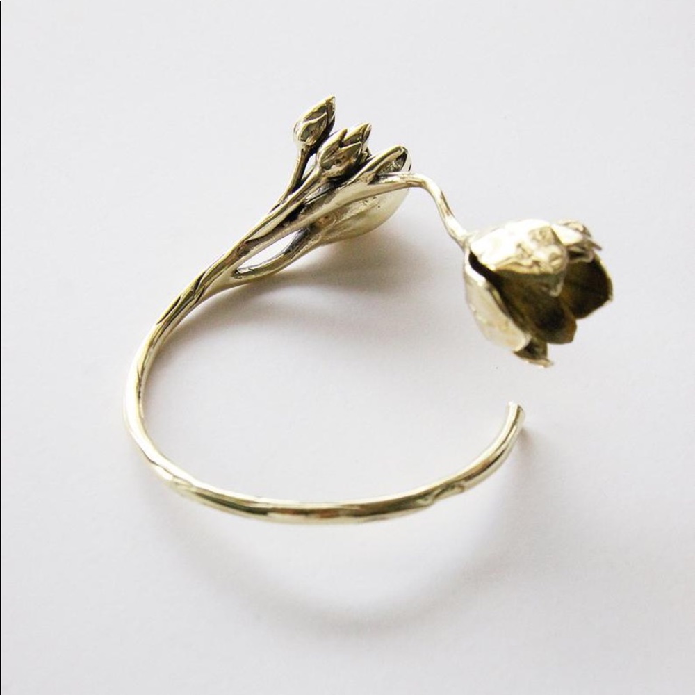 Handmade Gold Flower Cuff Bracelet -Flexible Brass